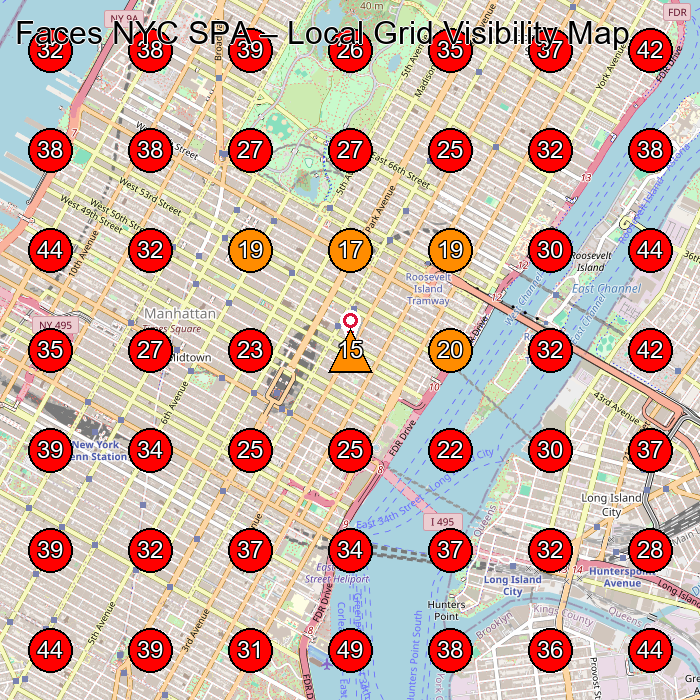 Faces NYC SPA GeoGrid visibility map for Medical Spa in corner of 60th and 61st (across from Bloomingdales